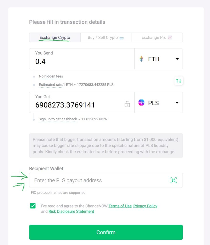 Pulsechain changenow exchange crypto